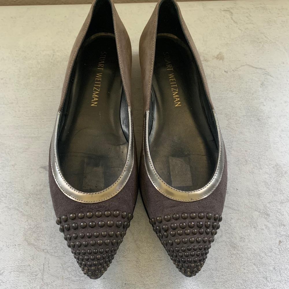 Stuart Weitzman 6.5 N Flats Taupe Suede Studded Pointed Toe Metallic UW 10085